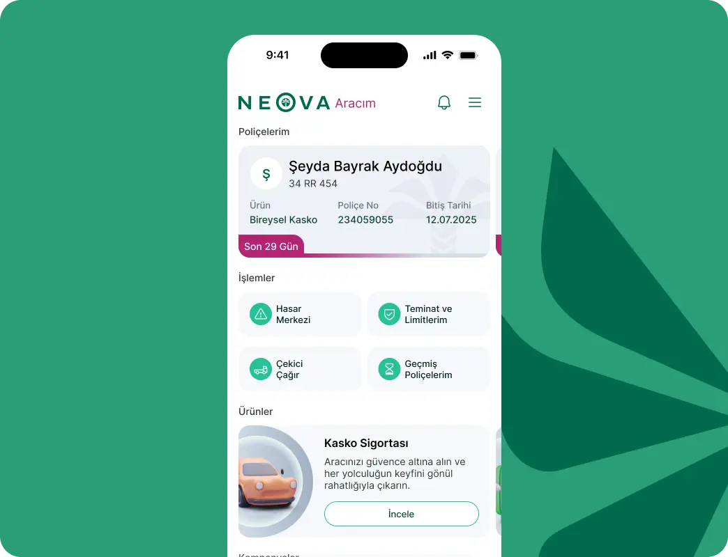 Neova Sigorta mobil uygulama ana ekran masaüstü grid görseli