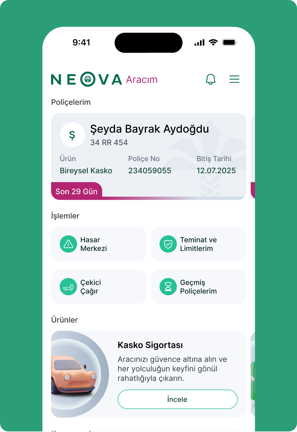 Neova Sigorta mobil uygulama ana ekran önizlemesi