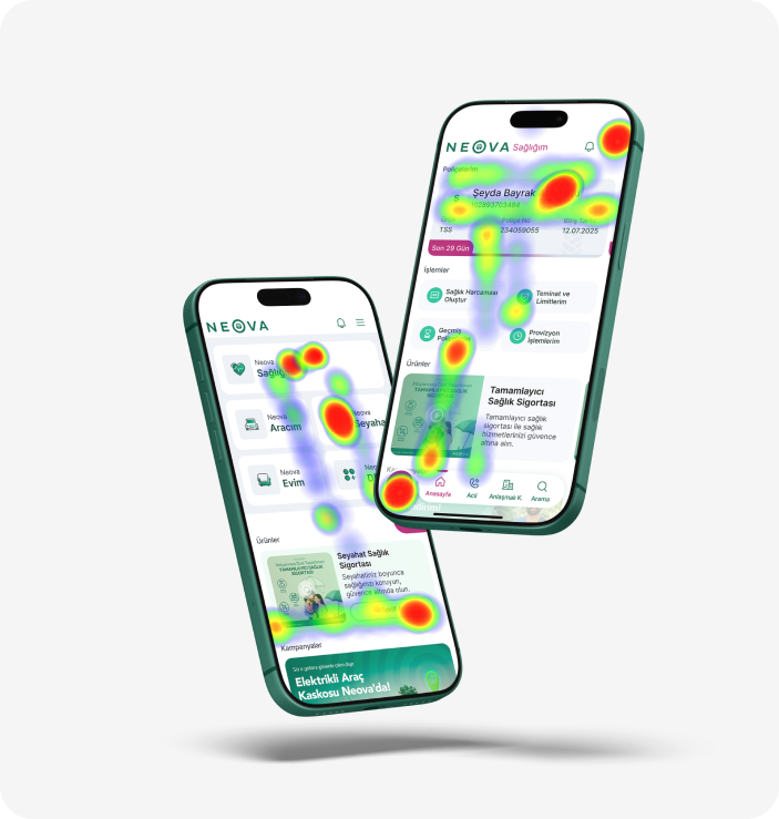Neova Sigorta mobile application user testing and heatmap analysis visuals