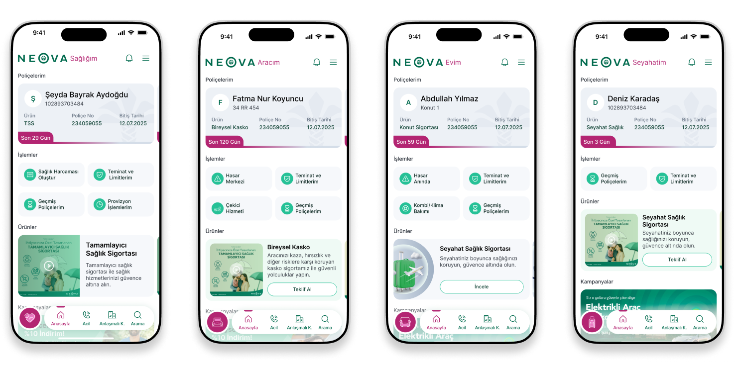 Neova Sigorta mobile application policy and product screens